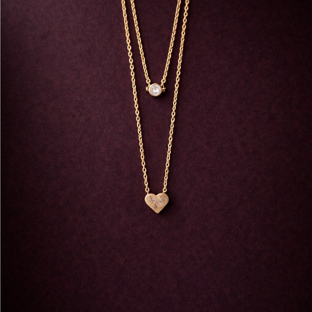 Gold Layered Heart & Solitaire Necklace - Women Jewelry